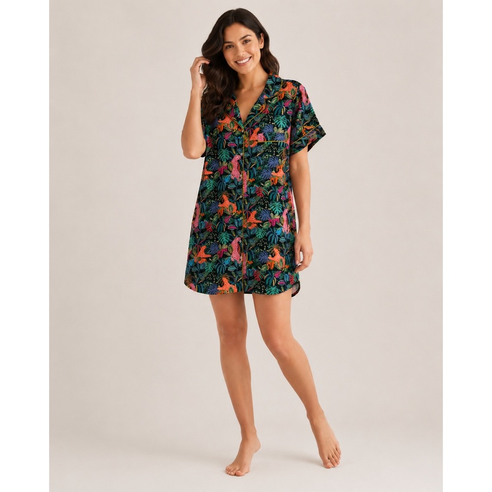 World Market Tropical Leopard Jungle Pajama Top L/XL Short Sleeve Button Down